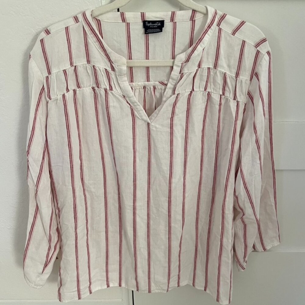 Splendid Women's V-Neck blouse white pink/red striped 3/4 sleeve size xxl